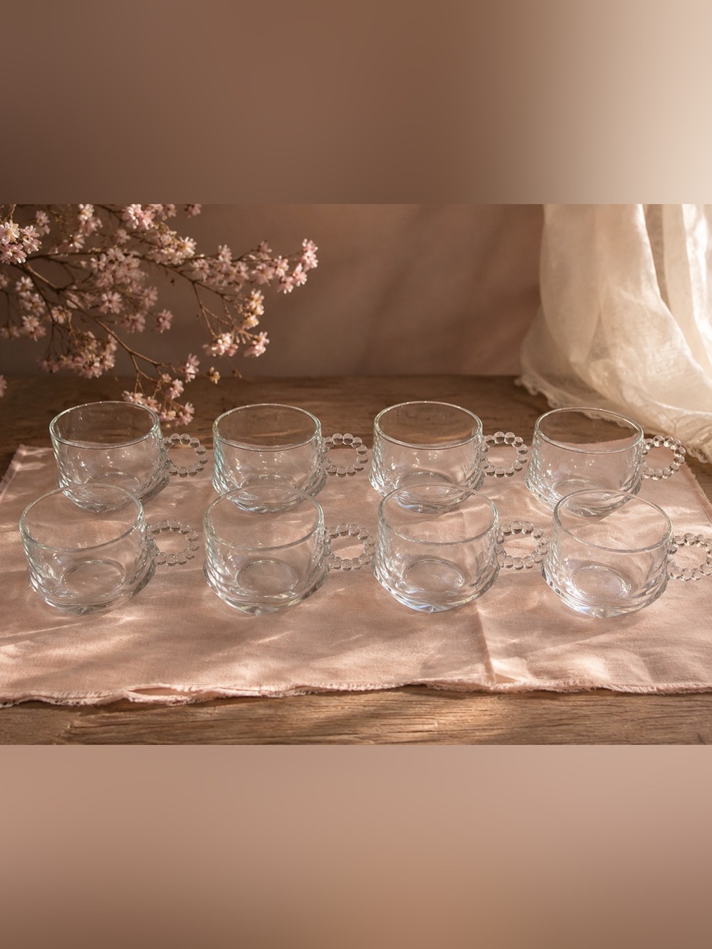 Vintage Hazel Atlas Glass Cups Set: Beaded Handles, 1950s (set of 8) - Picture 2 of 7